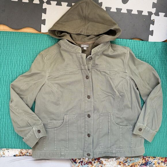 J Jill Jacket 1X XL Army Green Canvas Jacket 2n1 Inner Liner Hoodie Vest Pockets - Picture 1 of 16